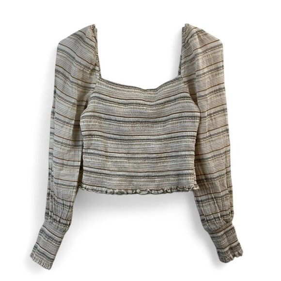 Striped Smocked Square Neck Crop Top With Long Balloon Sleeves In Neutral Stripe - Picture 1 of 13